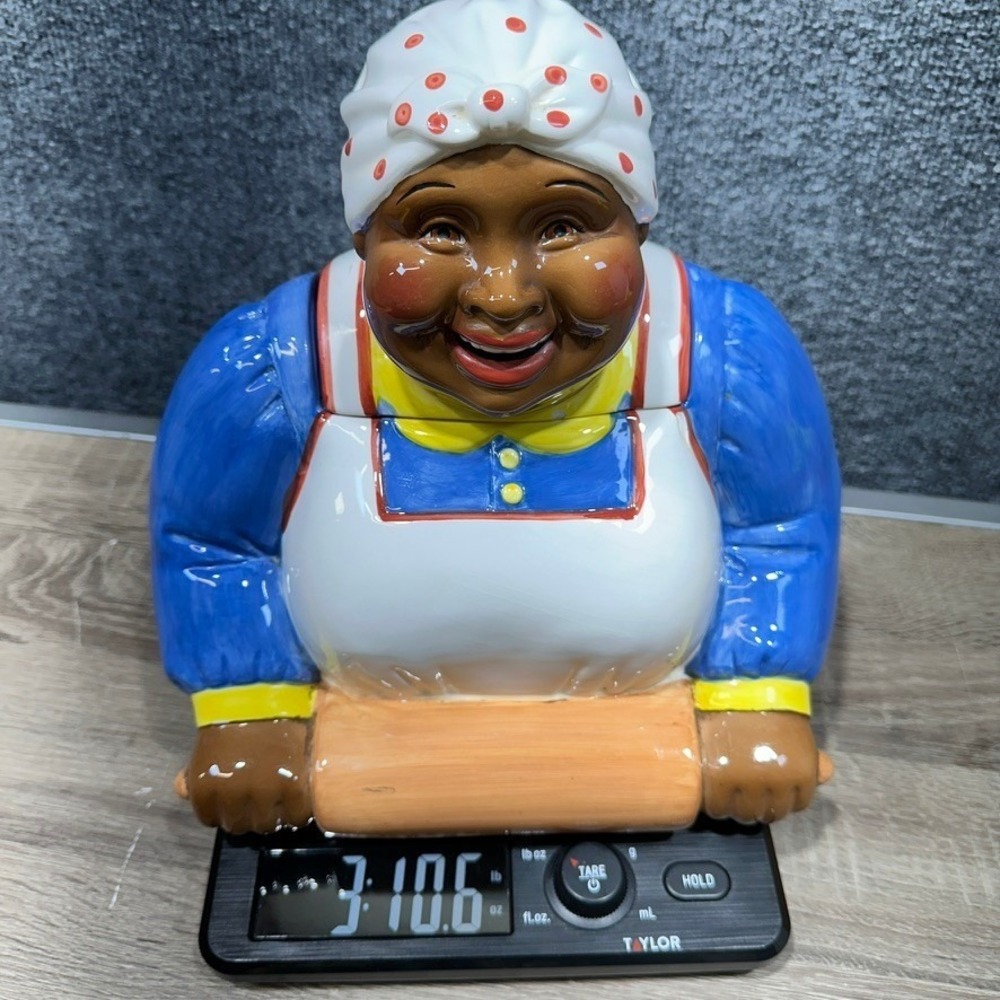 Vintage Clay Art Cookie Jar Blue Dress Rolling Pin Americana Kitchen Decor - Picture 13 of 16